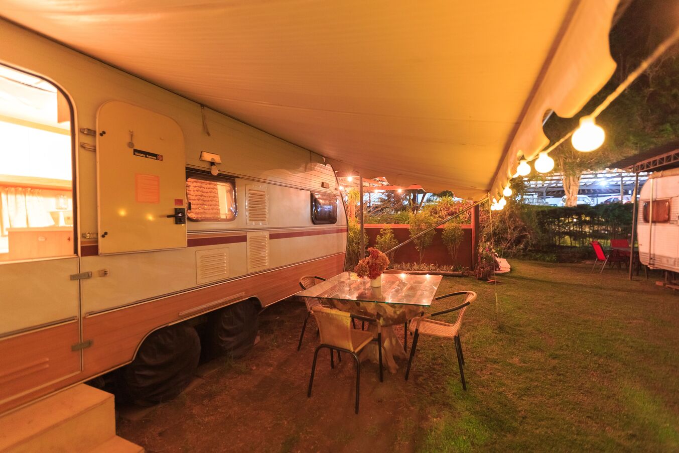 Outdoor patio lighting at night